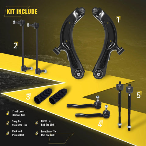 TUCAREST suspension kit for Nissan Sentra/NV200; includes 2 front lower control arms, 4 tie rods, and 2 sway bar links.