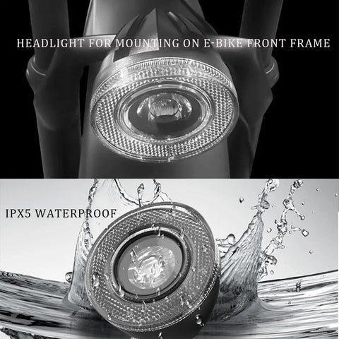 Close-up of All-In-One Front Bike Light With 75-100dB Horn, Waterproof 3-Pin Connector, showing LED headlamp and IPX5 waterproof feature.