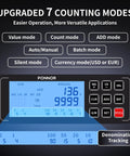 Fast Money Counter With Fake Bill Detection And Multispectral UV MG IR MT DD Sensors Counts Dollars And Euros And Has Value Count Add Batch Auto Modes External LCD Display For Easy Verification shown with 7 counting modes and control panel close-up.