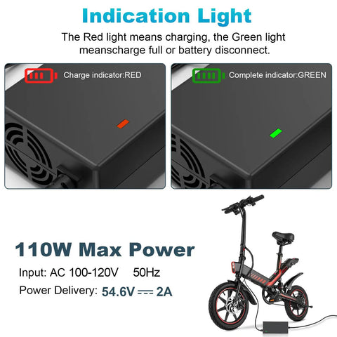 Seven In One Universal 54.6V 2A Ebike Charger For 48V Li Ion 13S Batteries with 110W max power indicator lights and power specs