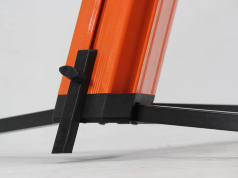 Fat Toad Column Dj Keyboard Stand Two Tier Mic Boom Adapter Sliding Tower close-up of orange aluminum frame and locking mechanism.