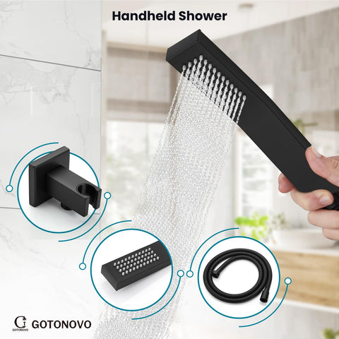 Handheld component of Matte Black Shower System With Tub Spout, Wall Mounted Rain Shower Head And Handle, 8 Inch Brass Faucet Set With Rough-In Valve, Easy Install Bath Spa Upgrade