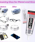 B-7000 jewelry glue used on various items like glasses, rings, and electronics, with before and after repair images.