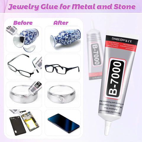 B-7000 jewelry glue used on various items like glasses, rings, and electronics, with before and after repair images.