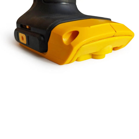 Close-up of the base of a cordless tool showing attachment area for 6 Pack Tool Holder for M18 M18V Cordless Tools Snap Fit Tool Organizer.