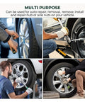 Four images showing use of 20 Pieces 8 To 32 Millimeters Hex Air Socket Set With Extensions For Electric Wrench Repairs on car wheels.