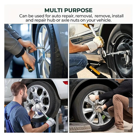 Four images showing use of 20 Pieces 8 To 32 Millimeters Hex Air Socket Set With Extensions For Electric Wrench Repairs on car wheels.