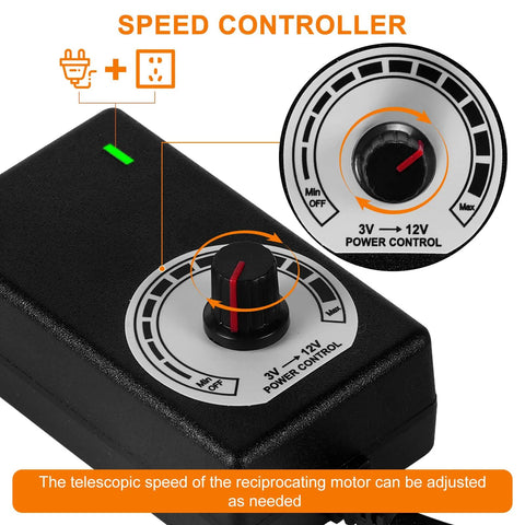 Black speed controller for 12V DC linear actuator; white dial with 3V–12V power control, Min OFF to Max, green LED