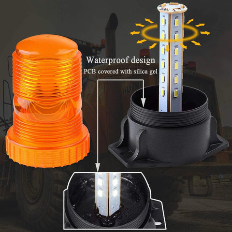 Front view of WOWTOU amber LED strobe beacon with magnetic base for 12V/24V forklifts, golf carts, UTVs.