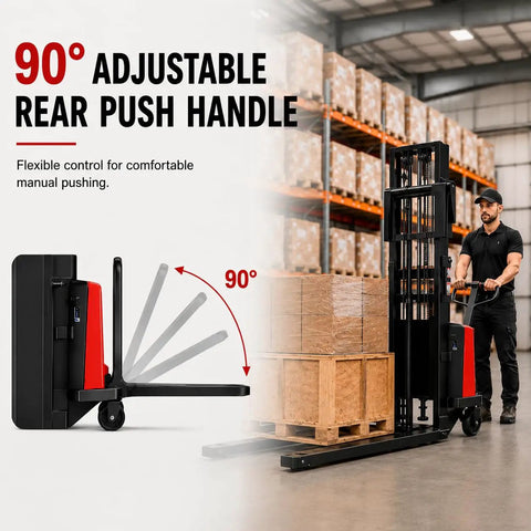 90° adjustable rear push handle of Heavy Duty 3300 Lb Semi Electric Pallet Stacker With 1600 Watt Motor Electric Forklift.