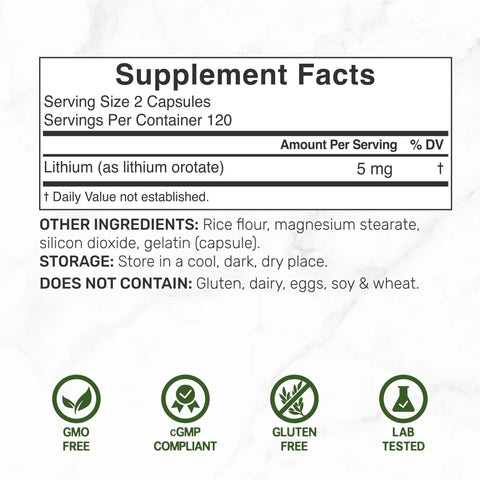 Supplement facts of Low Dose 5mg Lithium Orotate Capsules For Gentle Absorption And Big Bioavailability, 240 count