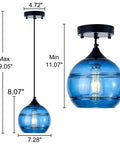 Two Pack Blue Glass Pendant Lights With Round Shade, Modern Hanging Fixture For Kitchen Island, dimensions shown