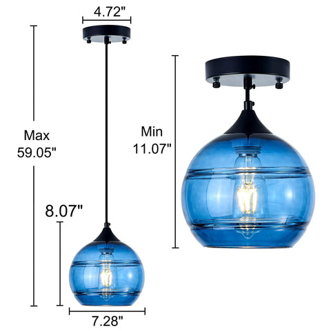 Two Pack Blue Glass Pendant Lights With Round Shade, Modern Hanging Fixture For Kitchen Island, dimensions shown