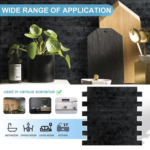 10 Sheet Peel And Stick Backsplash Subway Tile For Kitchen And Bathroom Metal Embossed Bright Black Aluminum Composite 3D Wall Tile No Grout Easy Install DIY Friendly shown in multiple home settings