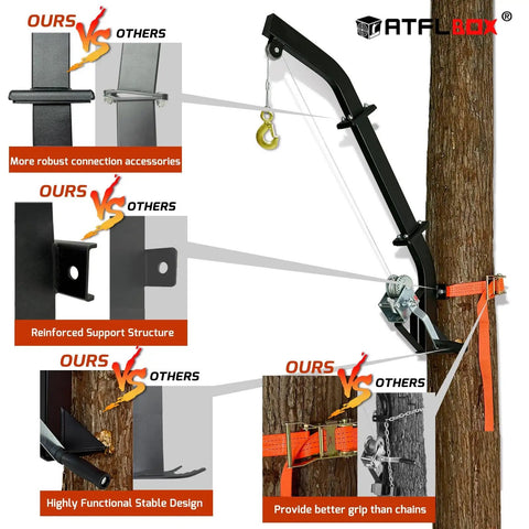 Beefy Tree Mounted Game Hoist With Winch And Ratchet Strap 500 Lbs Capacity Heavy Duty Deer Hanging System 26 Ft Steel Cable For Skinning And Field Dressing Quick Field Setup For Hunters mounted on tree with winch, strap, and steel cable