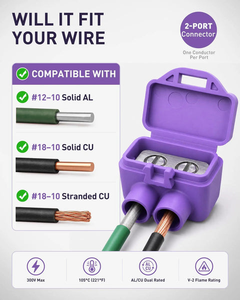 Heavy Duty Two Port Wire Connectors For Aluminum To Copper Rock Solid Screw Terminals Pre Loaded With Anti Oxidant Compound Foolproof Job For Home Repairs 20 Pack showing compatible wire sizes and specifications.