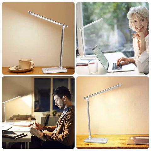 LED Touch Desk Lamp With USB Charging Port And 5 Lighting Modes And 5 Brightness Levels Auto Shutoff And Sleep Timer For Bedroom And Office Sleek And Smart Eye Friendly Flicker Free Light Silver Finish in use