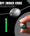Close-up of a hand holding an egg-shaped lead weight with soft inner core for Egg Shaped Lead Fishing Weights Kit 20 Pieces One Tenth Ounce Oval Sinker Tackle For Saltwater And Freshwater Bass Fishing Great For Casting And Dropping Lines.