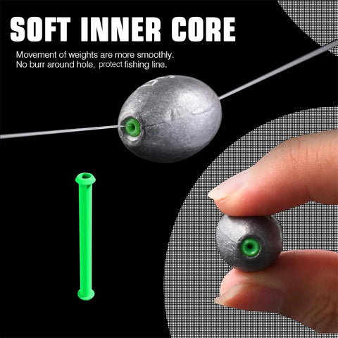 Close-up of a hand holding an egg-shaped lead weight with soft inner core for Egg Shaped Lead Fishing Weights Kit 20 Pieces One Tenth Ounce Oval Sinker Tackle For Saltwater And Freshwater Bass Fishing Great For Casting And Dropping Lines.