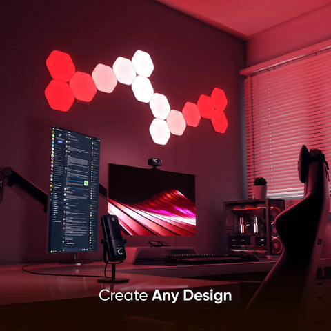 Hexagon Shapes Expansion Pack for Smarter Kit in gaming room with RGB LED panels and modular layout on wall