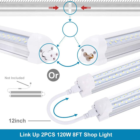 8 Foot Linkable LED Shop Light Fixture With 120W T8 Integrated 4 Rows Of LED Tubes 6000K 96 Inch V Shaped Design showing connection details