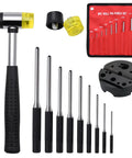 Pin Punch Set 14Pc Removing Repair Tools With Universal Block And Hammer, Knurled Handle Pin Punches and nylon pouch