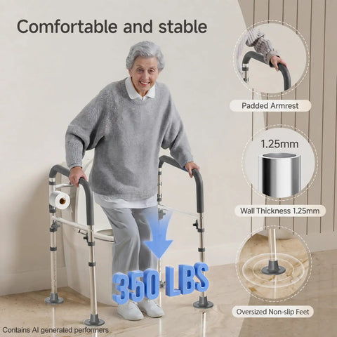 Built To Last Adjustable Toilet Safety Frame For Seniors And Adults With Quick Resize Height Bars shown with padded armrest and stable design.