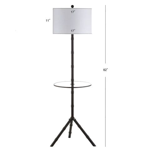 Oil Rubbed Bronze LED Floor Lamp With Built-In End Table, 62-Inch Tripod-Style Standing Light, White Linen Drum Shade, 20.5-Inch Round Table