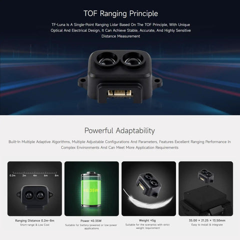 TF Luna Lidar Ranging Sensor For Raspberry Pi Pico And Microcontrollers 8 Meter TOF Laser Module With Adjustable Configs Plug And Play Ready Compact Mini Ranging Sensor For Precise Distance Measurement In Robotics And IoT Projects in front view highlighting dual lenses and compact design