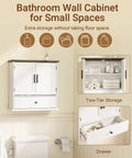 Over The Toilet Bathroom Wall Cabinet With Drawer And Adjustable Shelves Floating Medicine Cabinet Organizer for Small Bathrooms Dual Doors White and Brown Space Saver Storage Easy To Install shown installed with two-tier storage and open drawer.