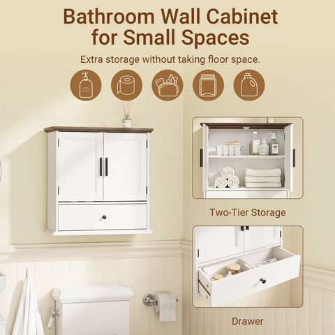 Over The Toilet Bathroom Wall Cabinet With Drawer And Adjustable Shelves Floating Medicine Cabinet Organizer for Small Bathrooms Dual Doors White and Brown Space Saver Storage Easy To Install shown installed with two-tier storage and open drawer.