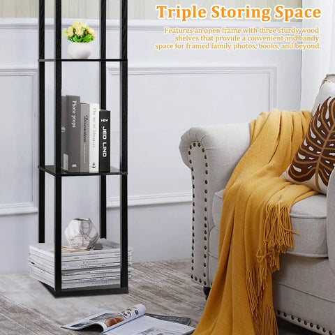Cool Modern Floor Lamp With Shelves And Three Color LED Bulbs, Sturdy Wood Frame Floor Lamp For Living Room Bedroom And Office, Sleek Black Finish; featuring built-in display shelves with books and decor.