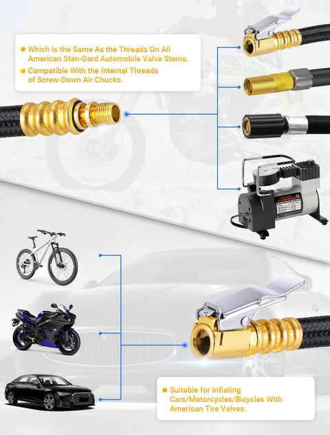 12 Inch Tire Inflator Extension Hose With Clip On Chuck And Presta Valve Adapter for inflating various vehicles