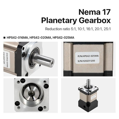 Heavy Duty Nema17 Planetary Gearbox Motor Reducer with eight millimeter input shaft and reduction ratios 5:1 to 25:1.