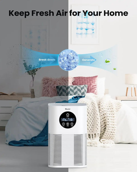 Air purifier shown in a cozy bedroom, using True H13 HEPA Air Filter Replacement For A1 A1W Air Purifier With 3 Stage Filtration.