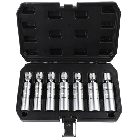7 Piece Spark Plug Socket Set With 3/8 Inch Drive Including 14mm 16mm 18mm 21mm 9/16 13/16 3/4 Sockets Magnetic Thin Wall Steel Case