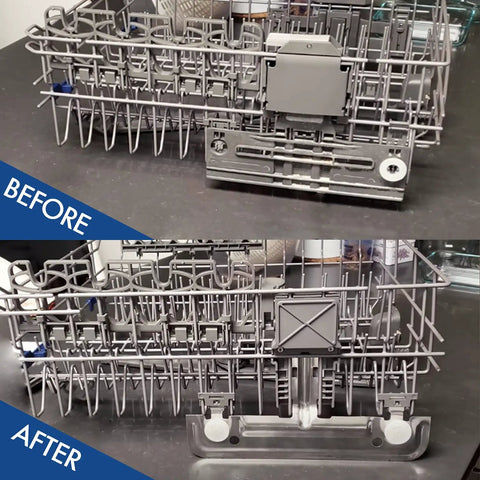 Before and after of top rack replacement kit for Whirlpool dishwashers 20 pcs W10712395 W10350375 upper rack parts