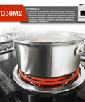 A stainless steel pot simmering on a red-hot 8 Inch Large Surface Electric Stove Burner Coil Replacement For GE 6 Turn Range With Plug And Play Terminals 2350W 1765W Easy Install Fit For Your Home Cooktop By AMI PARTS installed on a cooktop.