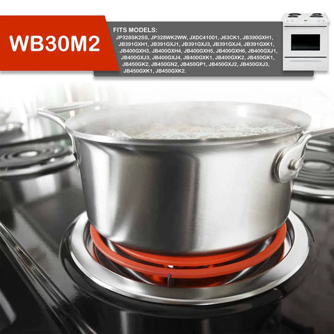A stainless steel pot simmering on a red-hot 8 Inch Large Surface Electric Stove Burner Coil Replacement For GE 6 Turn Range With Plug And Play Terminals 2350W 1765W Easy Install Fit For Your Home Cooktop By AMI PARTS installed on a cooktop.