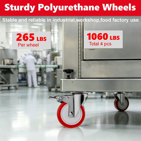 4 Inch Heavy Duty Stainless Steel Caster Wheels With Polyurethane Tread And Swivel Brake Half Inch 13 Thread By One Point Five Inch Stem on industrial cart.
