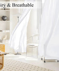 White Privacy Curtains Four Panels Light Filtering Rod Pocket Top Window Drapes 42 Inch Wide By 63 Inch Long Each Non See Through Opaque for Kitchen Bathroom Living Room Decor installed in a bright living room.