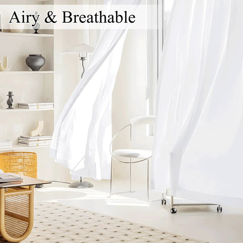 White Privacy Curtains Four Panels Light Filtering Rod Pocket Top Window Drapes 42 Inch Wide By 63 Inch Long Each Non See Through Opaque for Kitchen Bathroom Living Room Decor installed in a bright living room.