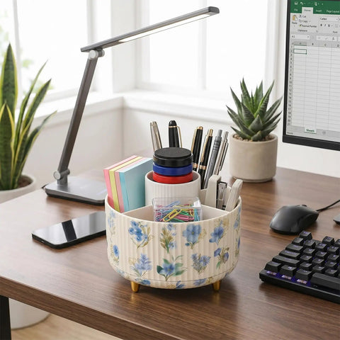 360 Degree Swivel Desk Organizer With Floral Compartments And DIY Stickers filled with pens and accessories on an office desk.