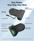 Magnetic Wireless Camera Grip Power Bank 9300mAh With Retractable USB C Cable and tripod thread, shown with features labeled.