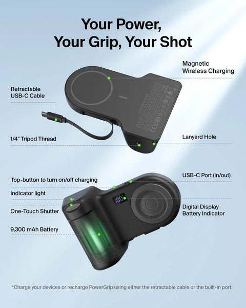 Magnetic Wireless Camera Grip Power Bank 9300mAh With Retractable USB C Cable and tripod thread, shown with features labeled.
