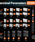 Terminal parameters for Ratcheting Crimp Tool Kit For AWG 28 To 16 And 0.08 To 1.5 Millimeter Square Connectors with 2220 pieces.