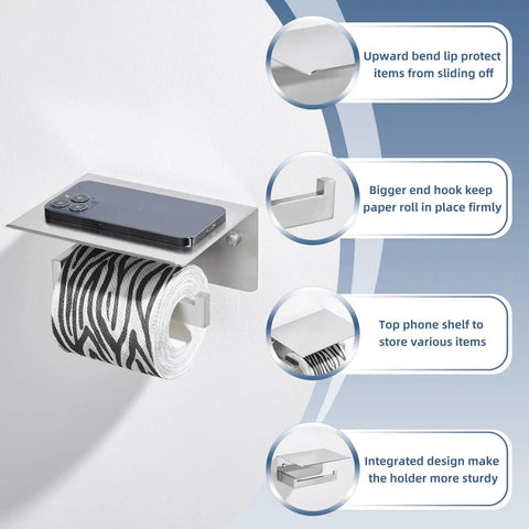 Brushed Nickel Toilet Paper Holder With Large Phone Shelf, 304 Stainless Steel, Wall Mounted, Features No Wobble Design