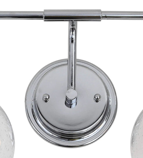 Close-up of wall mount for Chrome Three Light Bathroom Vanity Light With Clear Seeded Glass Shades, Metal Wall Sconce