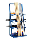Front view of Workhorse Steel Bar Rack For Lumber And Pipe Storage, freestanding organizer with safety chains, 3000 lb capacity, blue.