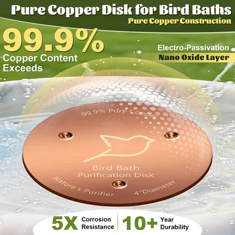 2 Pack Copper Bird Bath Disks With Triple Point Support, 1mm Thick Pure Copper Water Cleaner For Outdoor Bird Baths, displayed with features